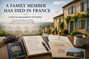 A practical guide for UK families after the death of a loved one in France, showing French succession documents, a British passport, a checklist and a traditional French home.