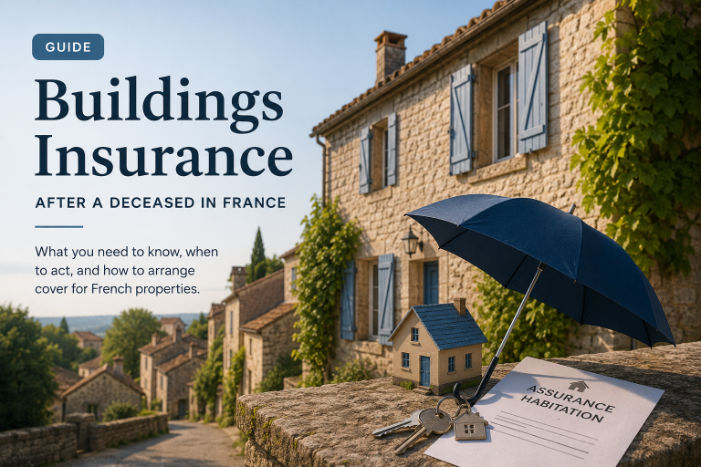 Buildings insurance for a French property after the owner's death, showing a traditional French house with insurance documents and keys.
