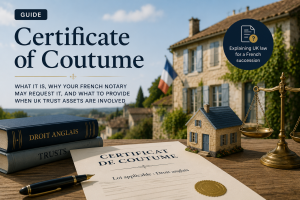 Illustration of a certificate of coutume with UK legal books and a French property, representing the explanation of UK law during a French succession.
