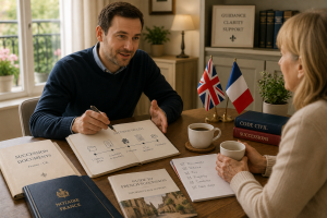 Consultation between a succession adviser and client discussing UK and French inheritance documents and the French succession process.