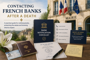 Official French death certificate and banking documents illustrating how to notify French banks after a bereavement during a French succession.
