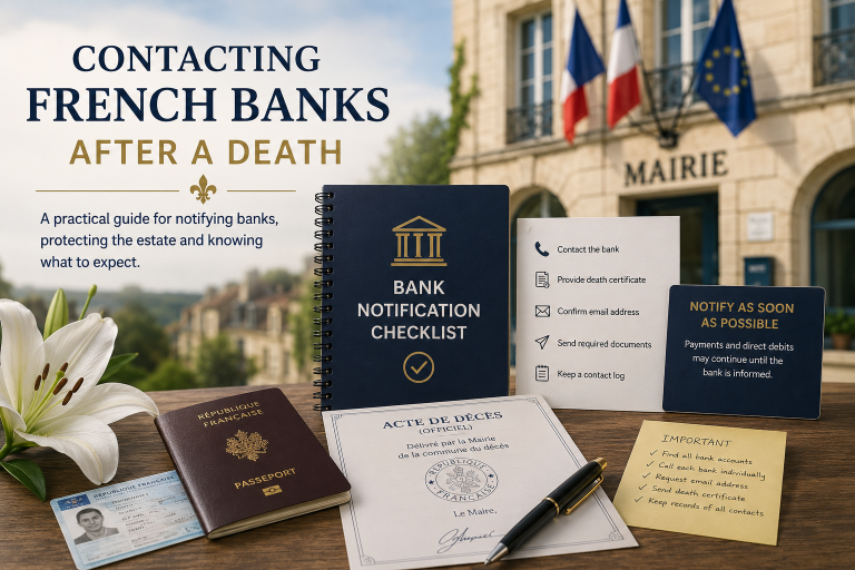 Official French death certificate and banking documents illustrating how to notify French banks after a bereavement during a French succession.