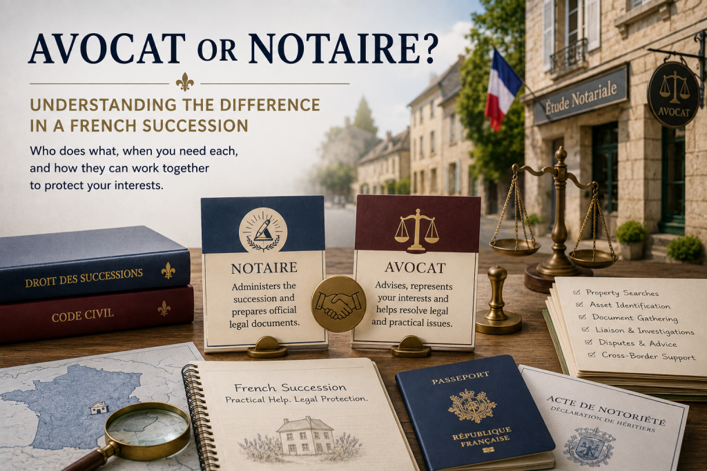Comparison of a French avocat and notaire with legal documents, scales of justice and French succession paperwork illustrating their different roles during a French inheritance.