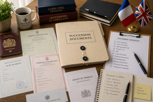 UK and French succession documents, certificates, passport and checklist arranged on a desk representing document gathering and preparation for a French inheritance.