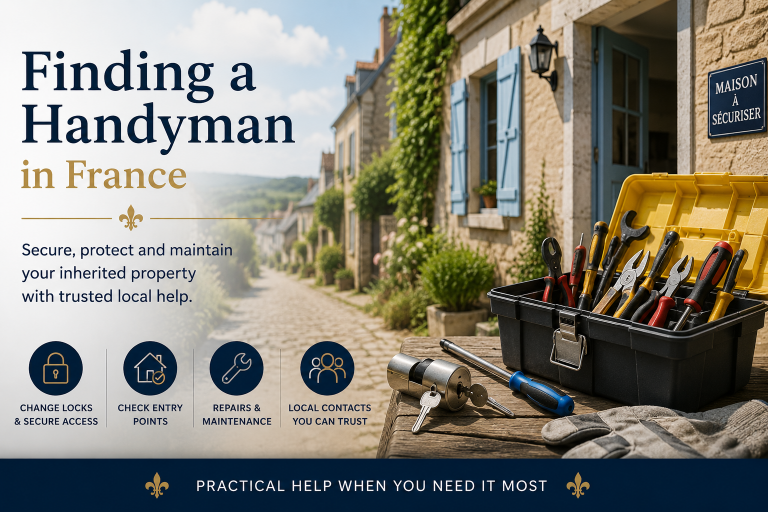 Handyman securing an inherited French property with new locks and repair tools after a bereavement during a French succession.