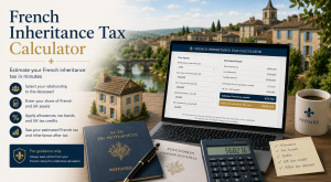 French inheritance tax calculator showing succession tax estimates, property, notary documents and calculator for UK families inheriting assets in France.