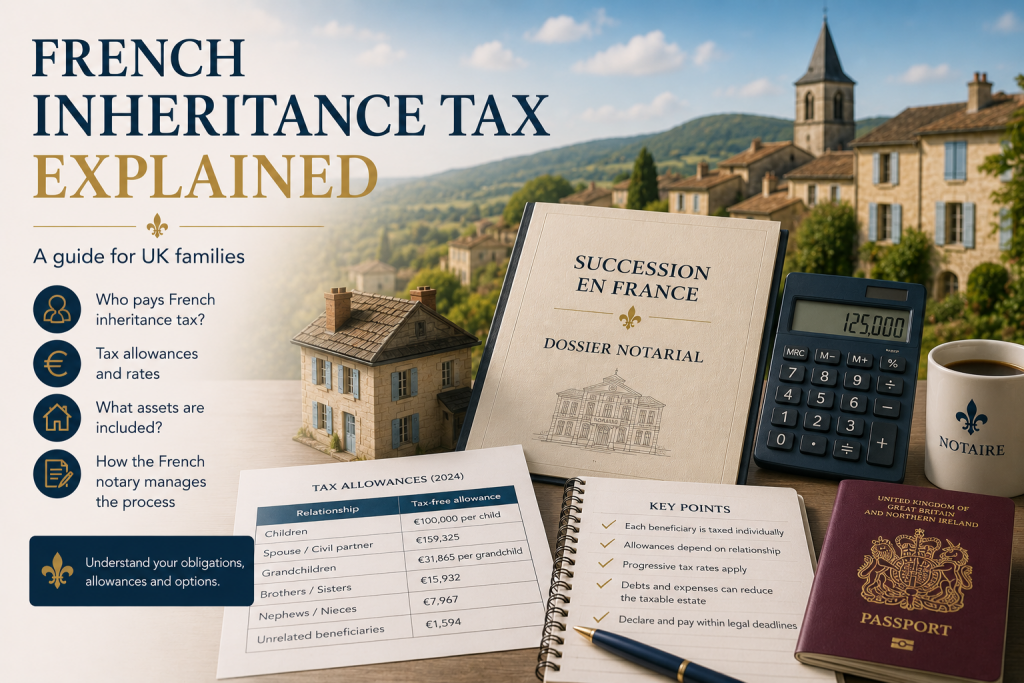French inheritance tax guide showing succession documents, property, calculator and notary paperwork for UK families inheriting assets in France.