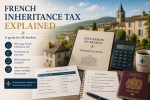French inheritance tax guide showing succession documents, property, calculator and notary paperwork for UK families inheriting assets in France.