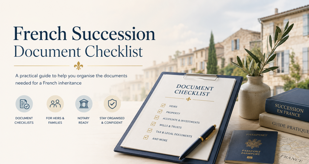 French succession document checklist workbook with organised estate documents, passport and checklist for UK families managing inheritance and probate in France.