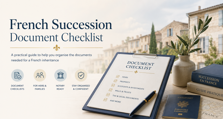 French succession document checklist workbook with organised estate documents, passport and checklist for UK families managing inheritance and probate in France.