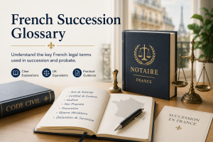 French succession glossary with legal books, notaire references and common French probate terminology explained for UK families.
