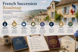 French succession roadmap showing the step-by-step probate and inheritance process for UK families, from bereavement to estate completion.