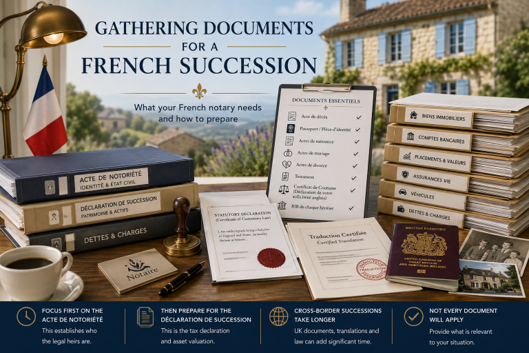 Documents commonly required by a French notary for a UK&ndash;France cross-border succession, including passports, certificates, wills and translated legal documents.