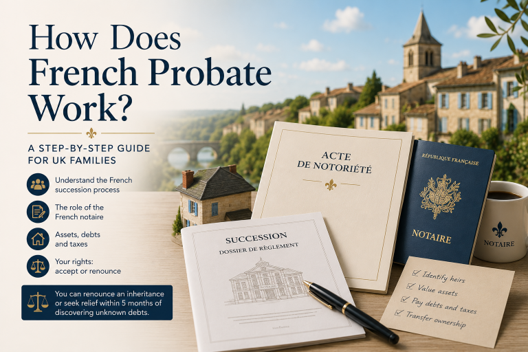 French probate and succession documents with an Acte de Notori&eacute;t&eacute; and notary paperwork illustrating the French inheritance process for UK families.