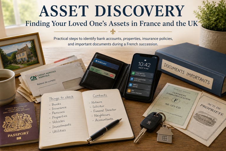 Documents, bank cards, property records, vehicle documents and a mobile phone illustrating how to discover a loved one's assets during a French and UK succession.