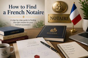 French notaire office with legal documents, French flag and succession paperwork illustrating how to find the right notaire for a French inheritance.