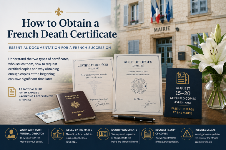 Official French death certificate (Acte de D&eacute;c&egrave;s) issued by a mairie with supporting identity documents for a French succession.