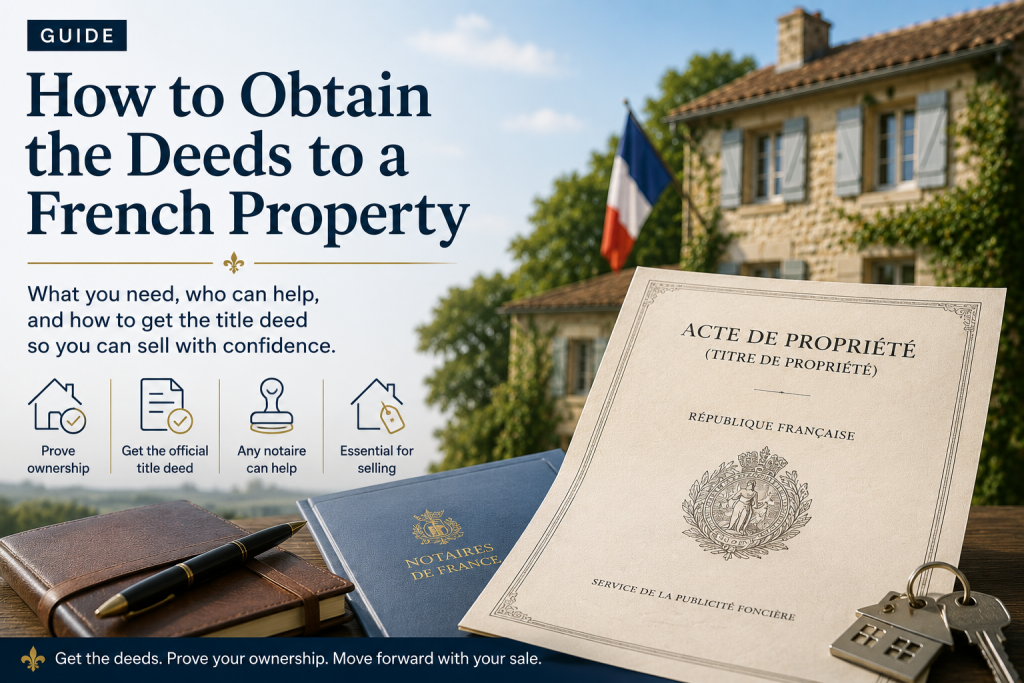 French property title deed with keys and legal documents, illustrating how to obtain property deeds before selling an inherited property in France.