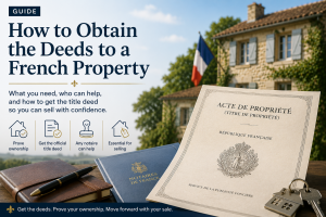 French property title deed with keys and legal documents, illustrating how to obtain property deeds before selling an inherited property in France.