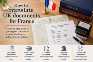 UK birth certificate, certified French translation and French legal books showing how to translate UK documents for France.