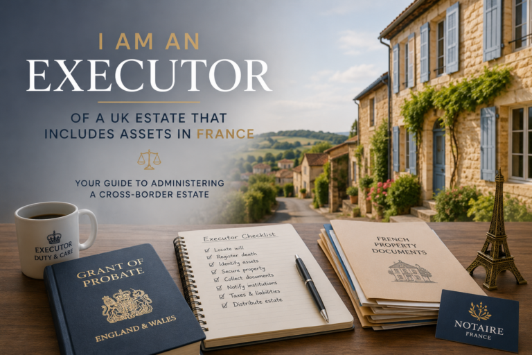 Executor managing a UK estate with French property, showing probate documents, French legal paperwork and a house in France representing cross-border estate administration.