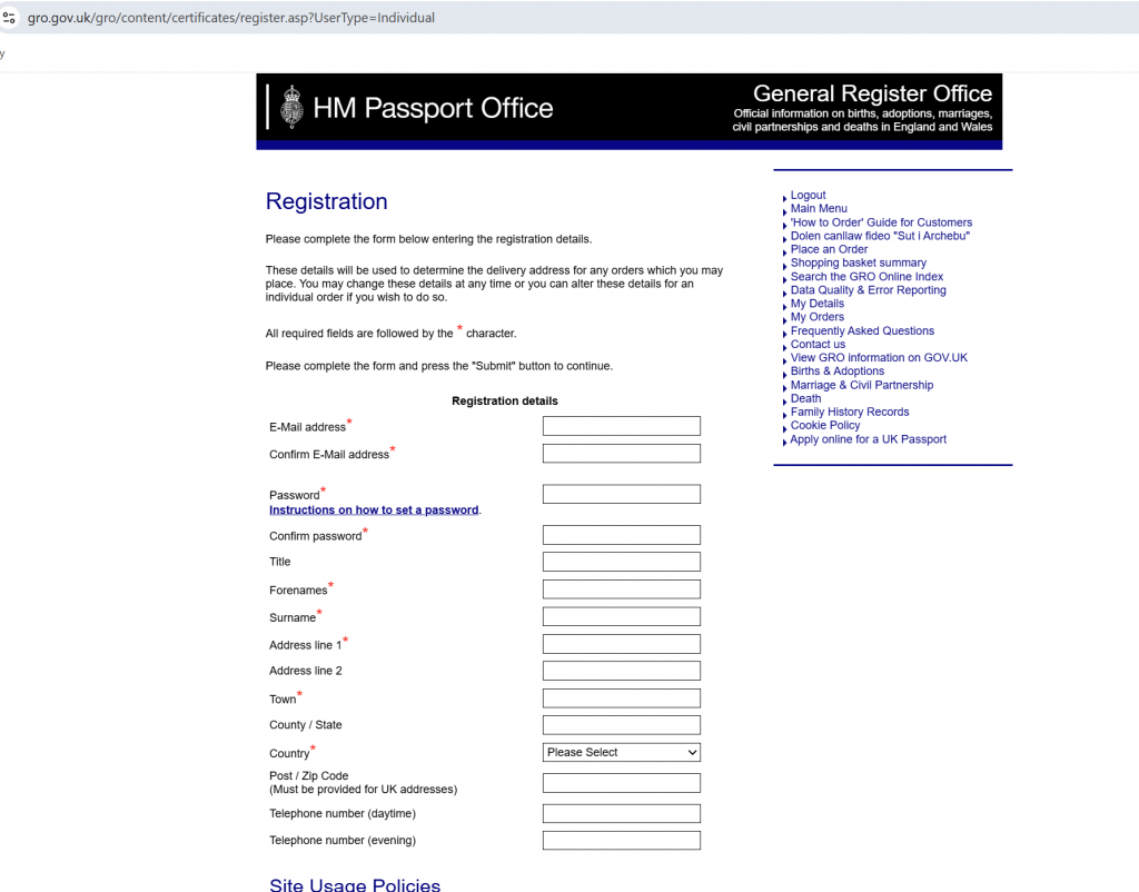 Registration page of GRO Portal