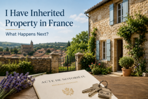 UK family inheriting a stone house in France with French succession documents and property keys during the inheritance process.