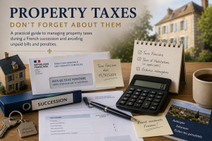 French property tax notice (Taxe Fonci&egrave;re), succession paperwork and financial documents illustrating how to manage property taxes after the death of a loved one in France.