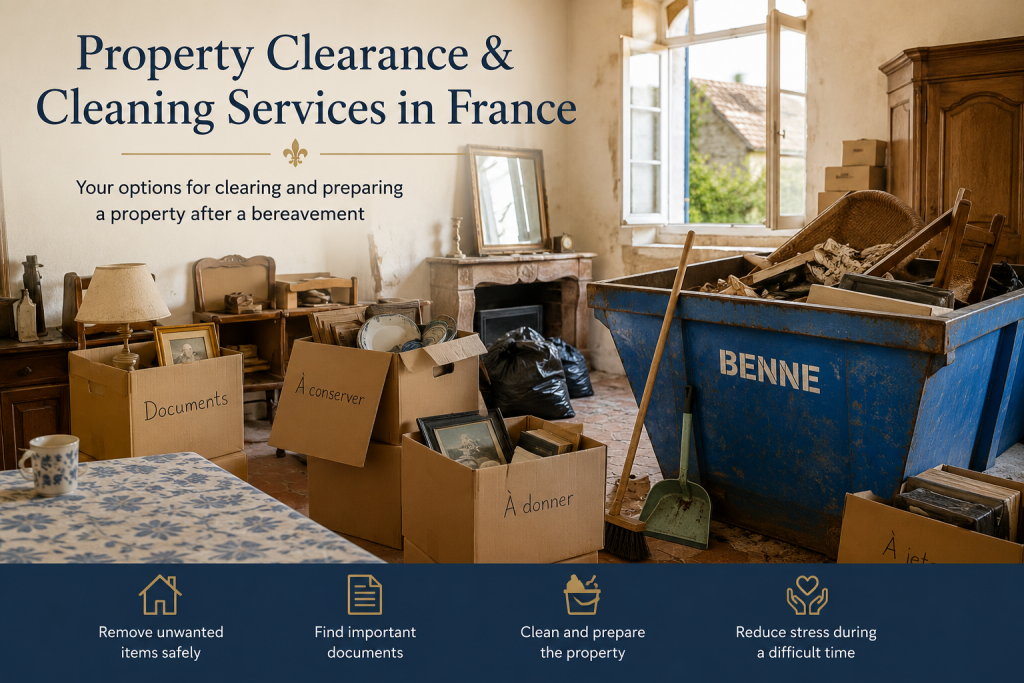 Property clearance in a French home after a bereavement, showing boxes, important documents and a skip (benne) used to prepare the property during a French succession.