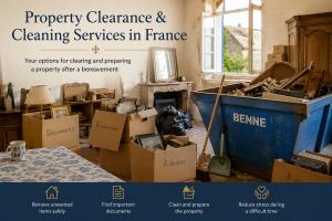 Property clearance in a French home after a bereavement, showing boxes, important documents and a skip (benne) used to prepare the property during a French succession.
