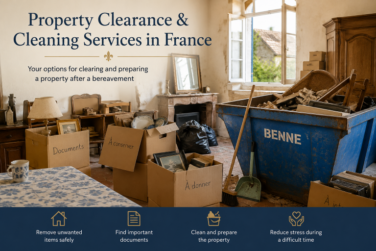 Property clearance in a French home after a bereavement, showing boxes, important documents and a skip (benne) used to prepare the property during a French succession.