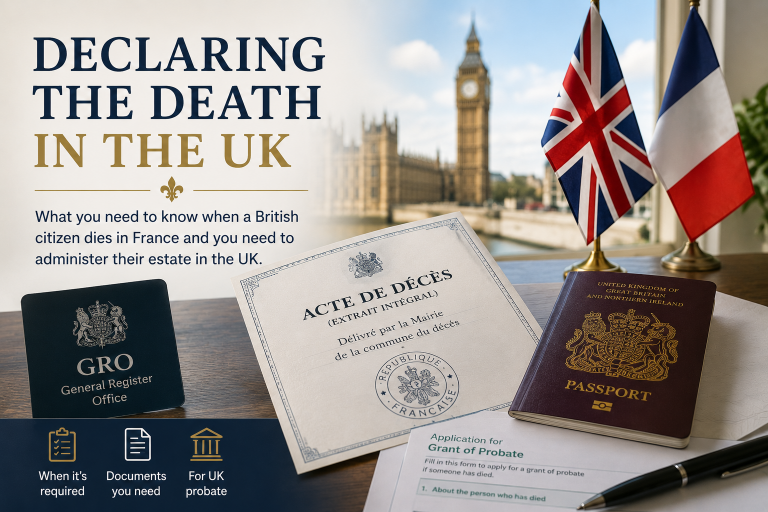 UK and French official documents, including a French death certificate and UK probate paperwork, illustrating how to register a death in the UK after someone dies in France.