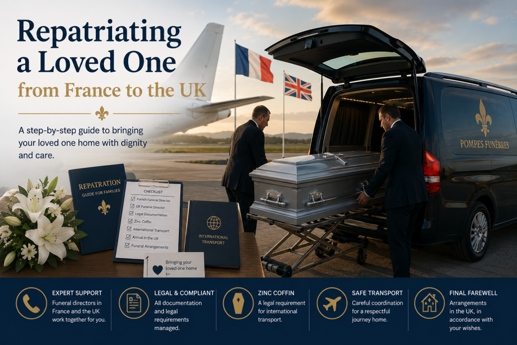 Funeral directors preparing to repatriate a loved one from France to the UK, illustrating the international repatriation process following a bereavement.