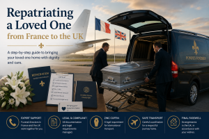 Funeral directors preparing to repatriate a loved one from France to the UK, illustrating the international repatriation process following a bereavement.