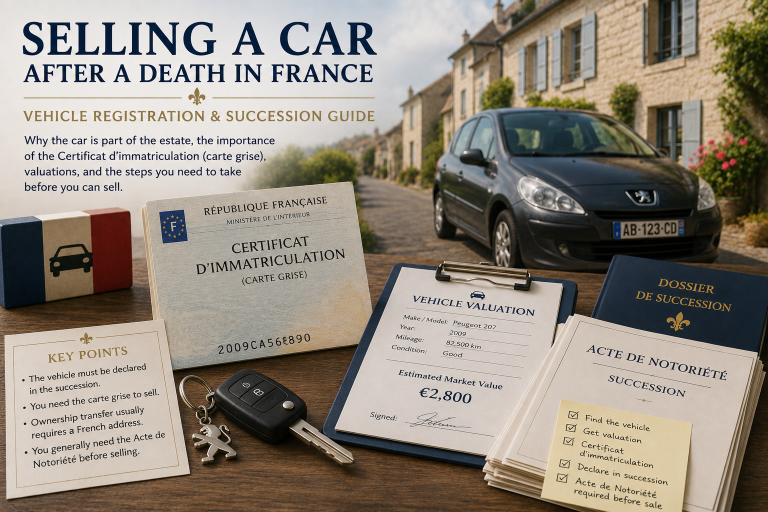 French vehicle registration certificate (Certificat d'immatriculation), car keys, valuation paperwork and succession documents illustrating the process of selling a vehicle after a death in France.