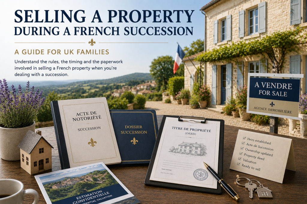 French property for sale with succession documents, title deed, estate agent sign and house keys illustrating the process of selling a property during a French succession.