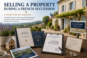 French property for sale with succession documents, title deed, estate agent sign and house keys illustrating the process of selling a property during a French succession.