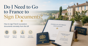Power of attorney, certified English translation and UK notary documents used to sign French succession paperwork remotely without travelling to France.