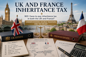 UK and French inheritance tax documents, estate paperwork and legal files illustrating how cross-border inheritance tax and double taxation relief work between the United Kingdom and France.