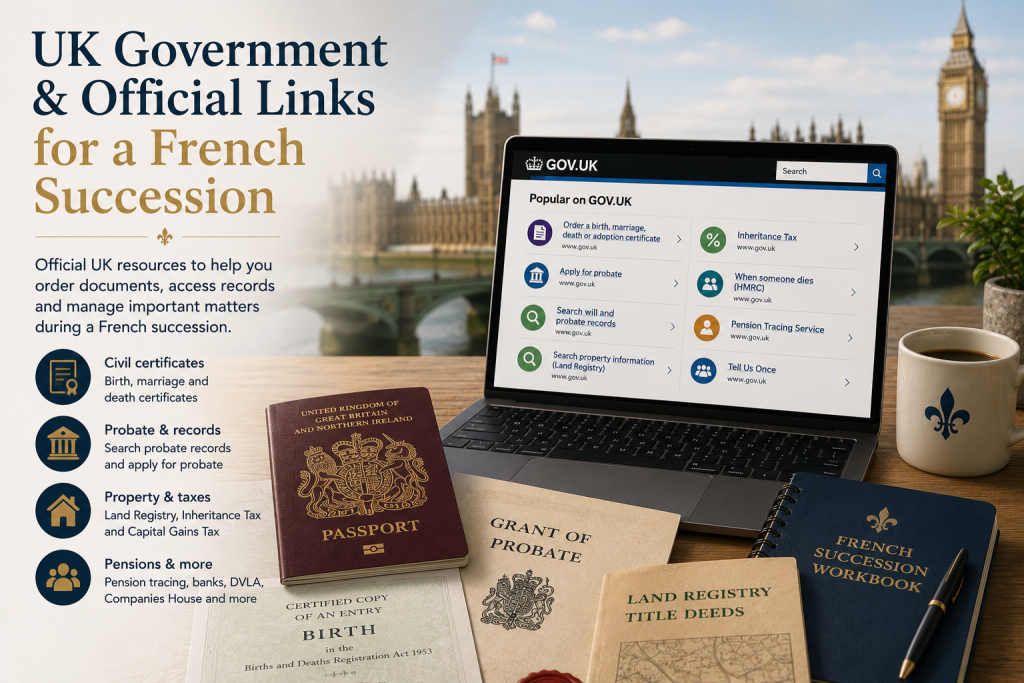 UK Government and official resources for French succession including probate records, birth certificates, Land Registry and inheritance tax guidance for UK families.