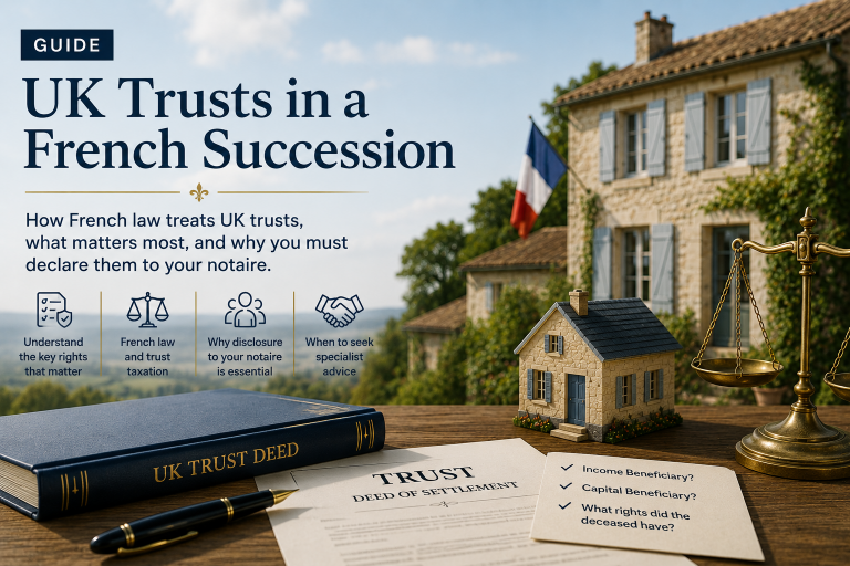 Illustration of a UK trust deed, legal documents and a French property representing how UK trusts are treated during a French succession.