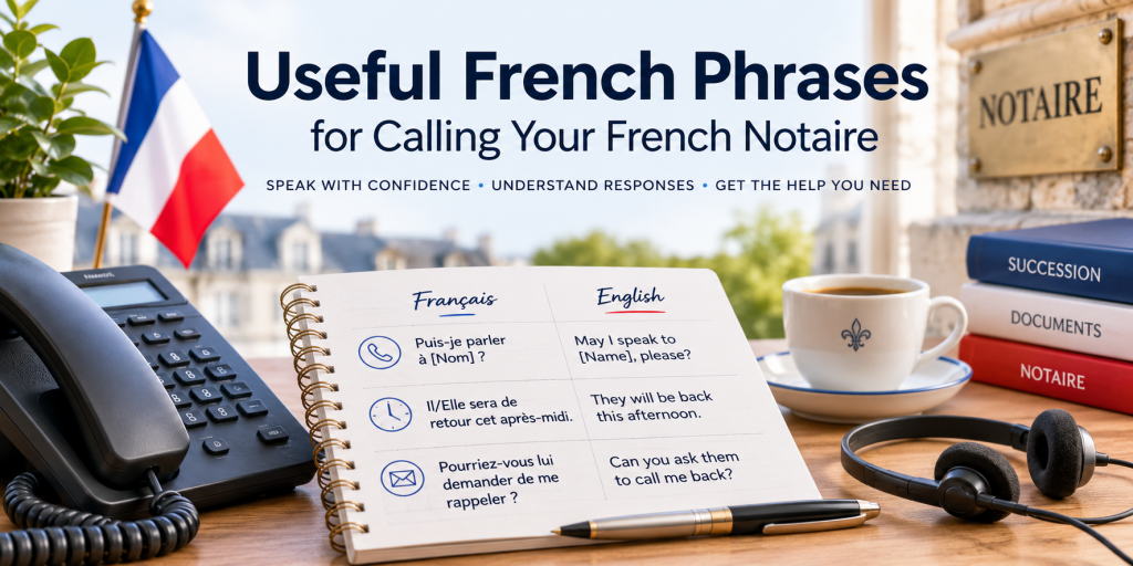 French and English phrase guide with telephone and notaire office setting to help English speakers communicate with a French notaire during a succession.