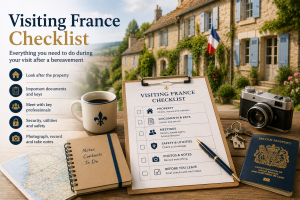French bereavement travel checklist with passport, property keys, camera and documents to help UK families prepare for visiting France during a succession.
