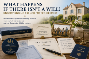 French succession documents, a will, family records and Brussels IV paperwork illustrating how French forced heirship and inheritance laws apply when someone dies with or without a will.
