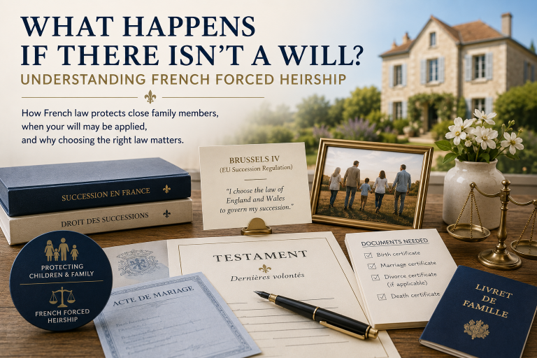French succession documents, a will, family records and Brussels IV paperwork illustrating how French forced heirship and inheritance laws apply when someone dies with or without a will.