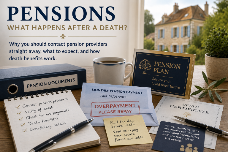 Pension documents, a death certificate and estate administration paperwork illustrating what happens to pension payments and death benefits after the death of a loved one.