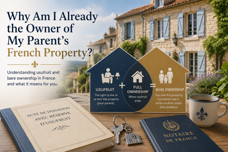 Illustration explaining usufruct and bare ownership of a French property, showing how children may already own a parent's home before a French succession.