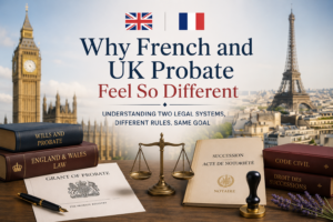 Illustration comparing French and English probate systems with a French notary, UK probate documents, legal books and landmarks representing France and England.