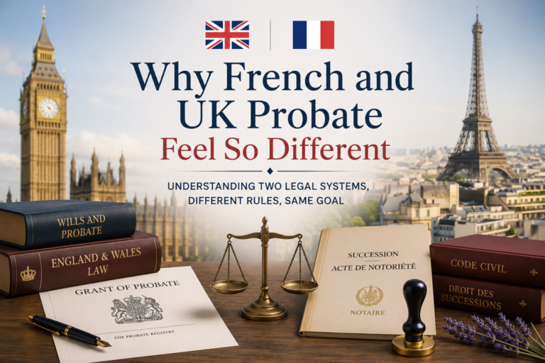 Illustration comparing French and English probate systems with a French notary, UK probate documents, legal books and landmarks representing France and England.