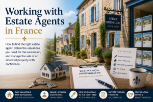 French estate agent office displaying property listings and valuation documents for an inherited property during a French succession.